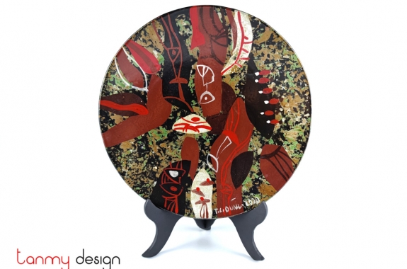 Round lacquer dish hand-painted with abstract painting included with stand Φ26 cm